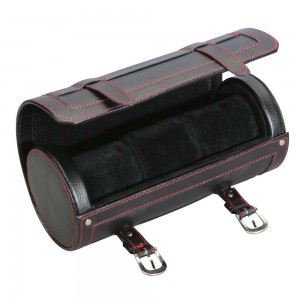 Diplomat 3 Watch Travel Roll - Black Leatherette & Red Stitching / Black Suede Interior