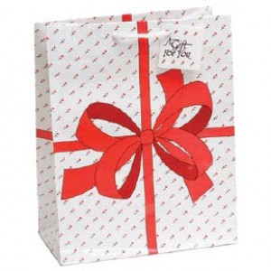 Tote-Style Gift Bags in White w/Red Ribbon & Roses Print (White Drawstring)