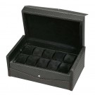 Diplomat Ten Watch Case - Black Carbon Fiber Pattern / Red Stitching / Black Suede / Removable Trays
