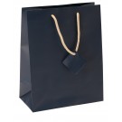 Satin-Finish Tote-Style Gift Bags in Midnight Blue w/Khaki Drawstring, 4" L x 4.5" W