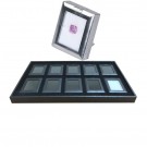 10 Glass-Top Chrome 2.88 x 2.25" Glass-Top Gem Boxes w/Reversible Flat-Foam Inserts in Black Plastic Trays, 14.75" L x 8.25" W