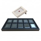 10 Glass-Top White 2.88 x 2.25" Glass-Top Gem Boxes w/Reversible Flat-Foam Inserts in Black Plastic Trays, 14.75" L x 8.25" W
