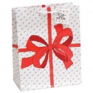 Tote-Style Gift Bags in White w/Red Ribbon & Roses Print (White Drawstring), 4" L x 4.5" W
